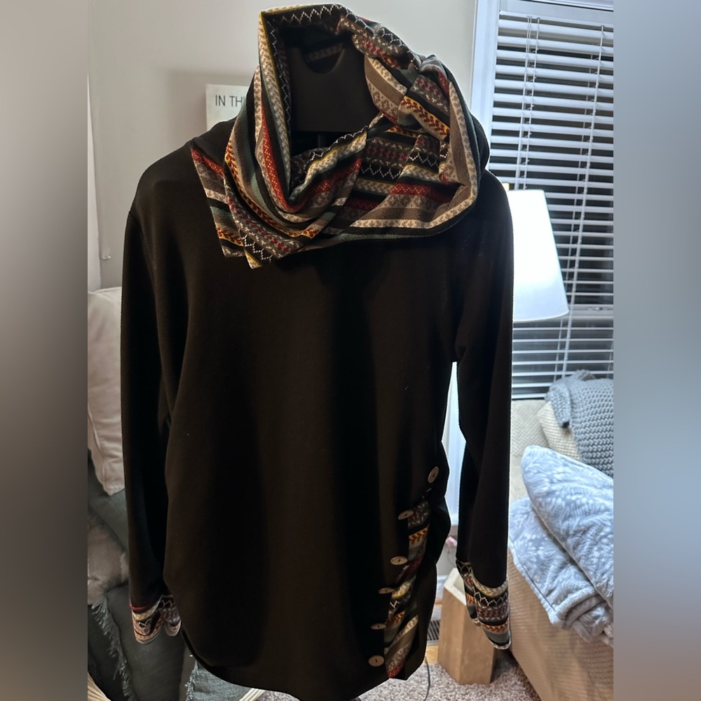 Black Top with Multicolor Scarf Accent